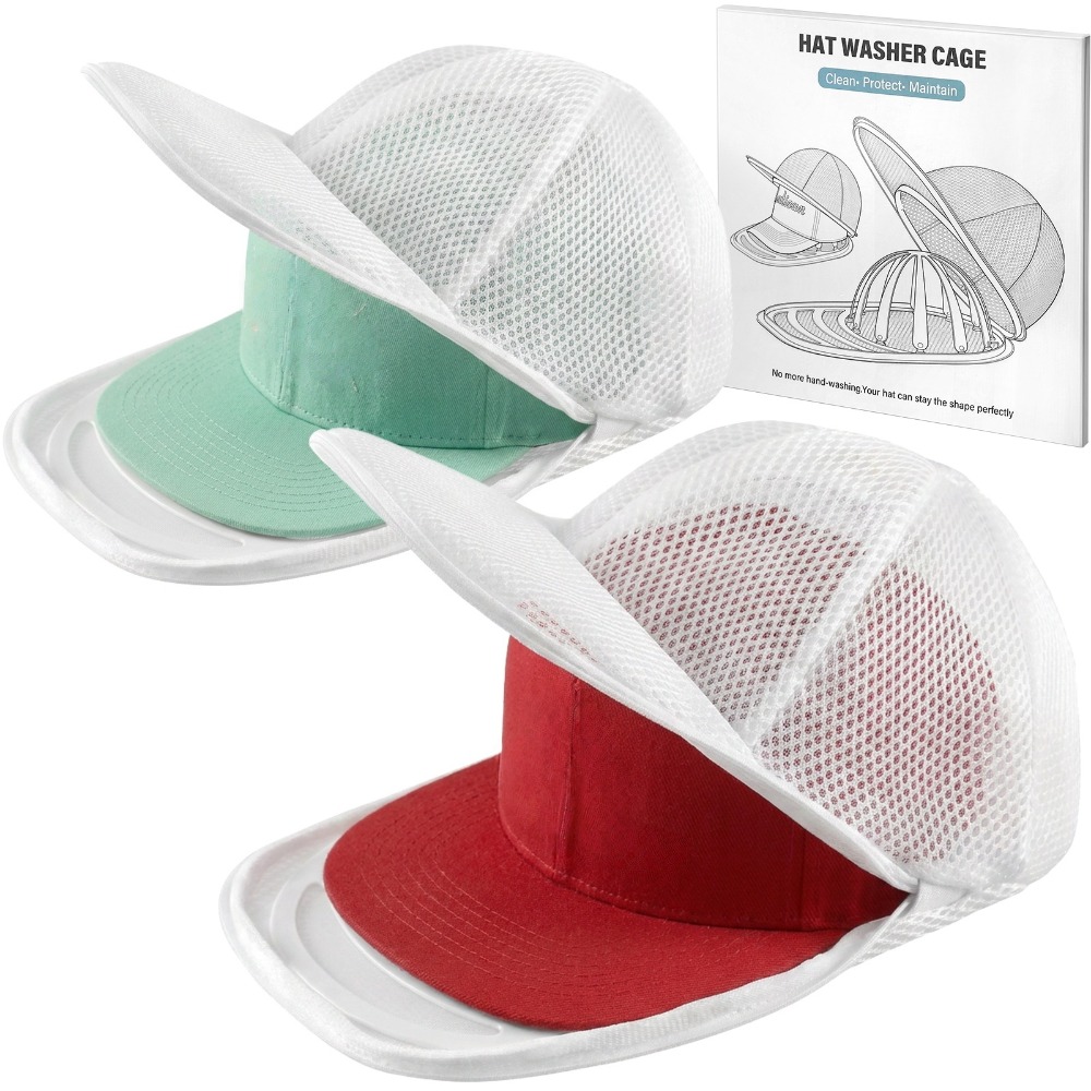 Baseball Cap Fitted - 2/4パック洗濯機用帽子洗濯ケージ、メッシュバッグ付き野球帽クリーナーフレーム、平らなつばと曲がったつばの形状を保ちます、大人用、ホワイト、ランドリーバッグ