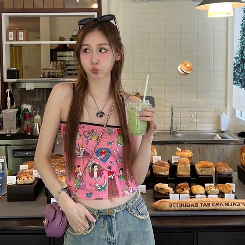 Korean Street Fashion Female - ガガリッチ韓国ファッション Y2K 漫画グラフィティプリントスモールストラップタンクトップ女性スパイシーガールニッチスリムフィット痩身トップ