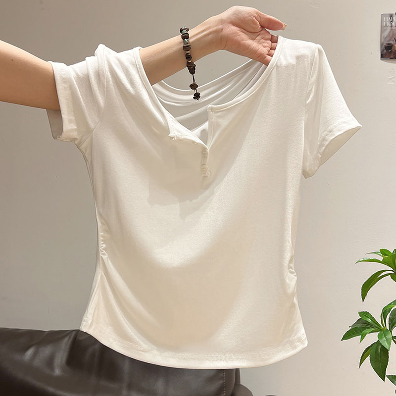 Korean Street Fashion Female - 女性の半開襟ボタン T シャツカジュアルスリムフィット半袖 Tシャツトップス女性韓国ファッションハイストリート Y2k Tシャツ