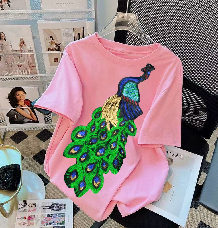 Korean Street Fashion Female - 韓国ファッションピンク刺繍クマビーズ Tシャツ女性ヴィンテージヘビーちょう結び夏の女性のカジュアルルーズトップ原宿服