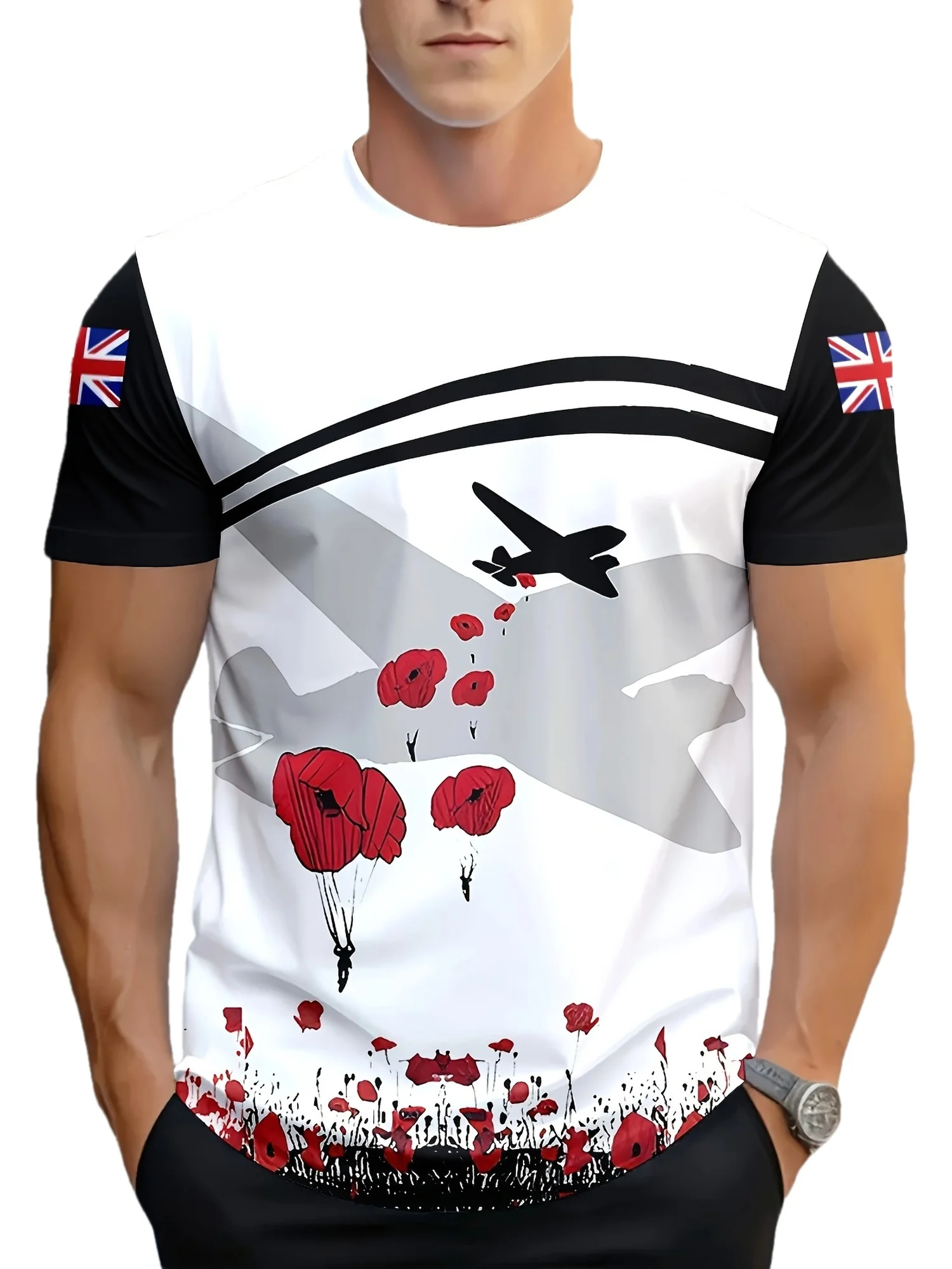 Street Fashion Uk - ファッション英国記念戦争飛行機スプライスプリントメンズ Tシャツ英国国旗袖白黒カジュアル Tシャツトレンドストリートトップス
