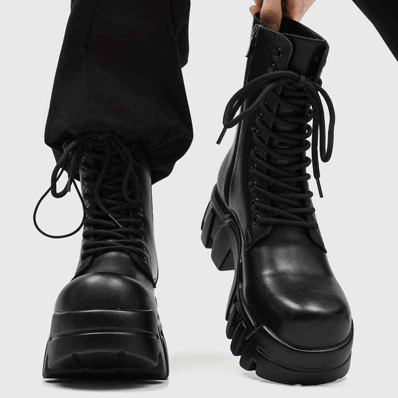 Street Fashion Outfit - メンズファッショナブルな厚底ミドル丈ブーツ、身長を高く見せる効果と滑り止め機能付き、日常のバイク外出に適しています。