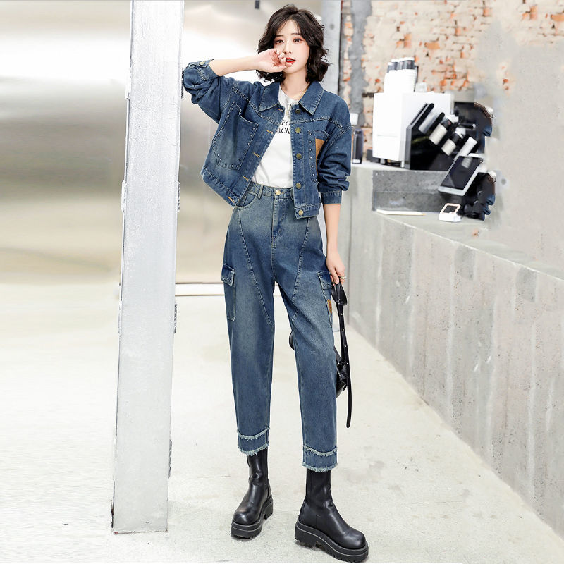 Korean Street Fashion Female - 女性の春秋のファッションフライドストリートカウボーイスーツ春の女性の新韓国スタイルハイウエスト薄型スプライシングツーピース C319