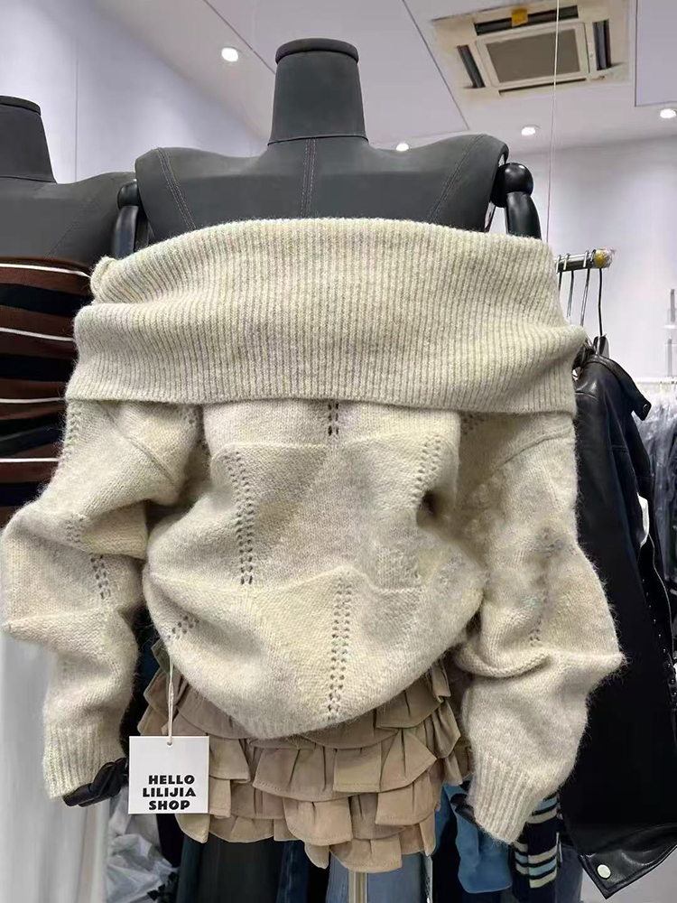 Korean Street Fashion Female - ファッションスラッシュネックニットセーター韓国風ルーズレイジースタイルオフショルダーニットウェアY2K無地オールマッチ長袖女性用ジャンパー