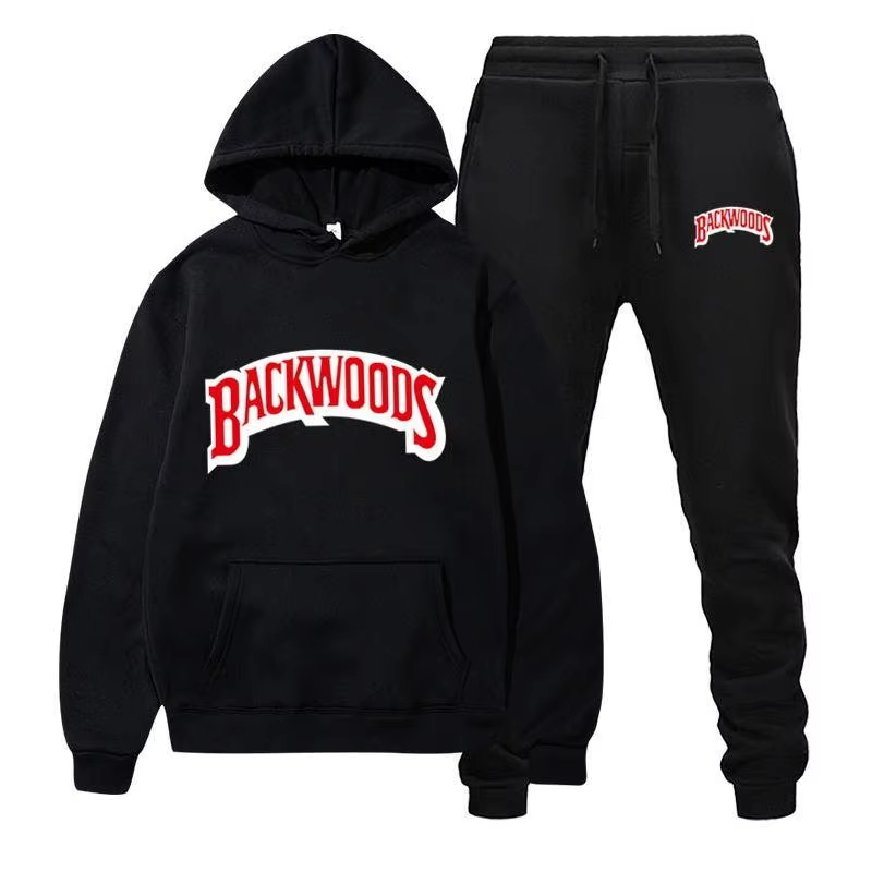 Street Fashion Outfit - 2026年冬用フーディセット メンズファッション フリース レッドフーディ ブラックブランドパンツ カジュアルジョガースーツ