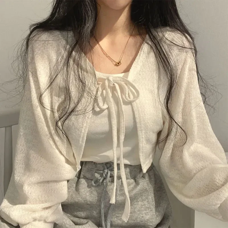 夏の女性のニットカーディガン白薄い日焼け止めレースアップニッ - Korean Street Fashion Female のレビューと価格