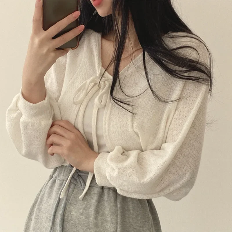 夏の女性のニットカーディガン白薄い日焼け止めレースアップニッ - Korean Street Fashion Female のレビューと価格