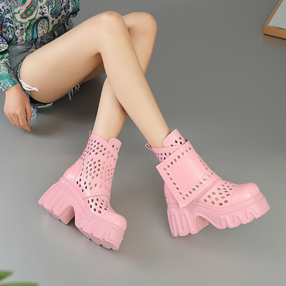 新着女性のピンクプラットフォームチャンキーヒールアンクルブー - Street Fashion Outfit のレビューと価格