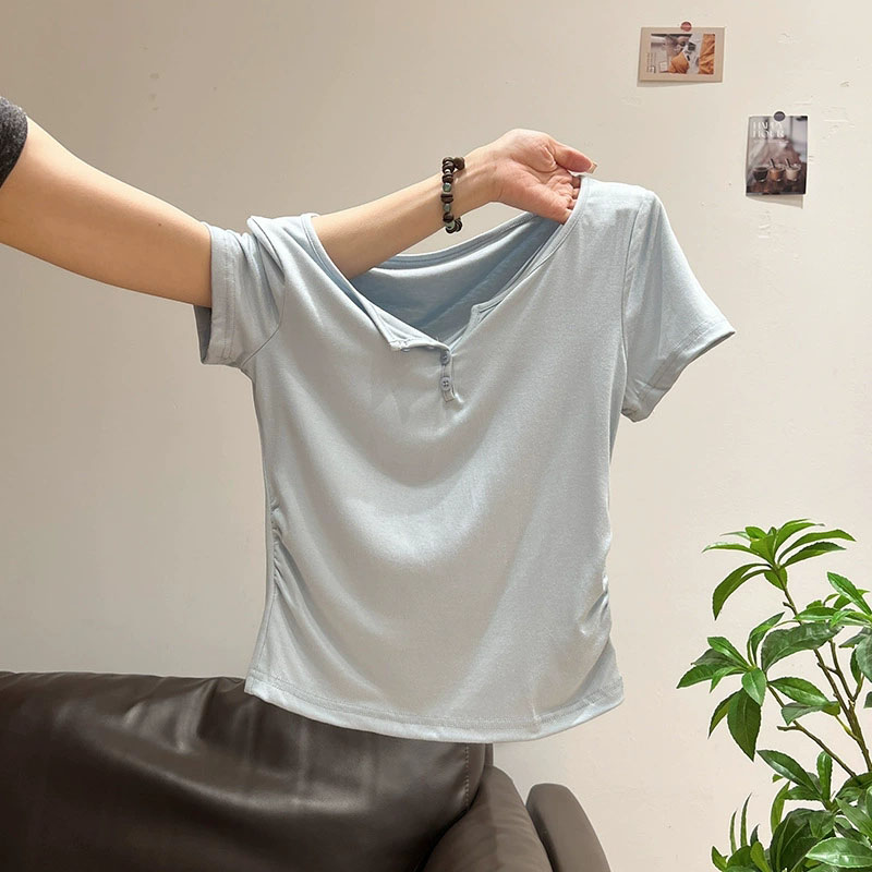 女性の半開襟ボタン T シャツカジュアルスリムフィット半袖  - Korean Street Fashion Female のレビューと価格