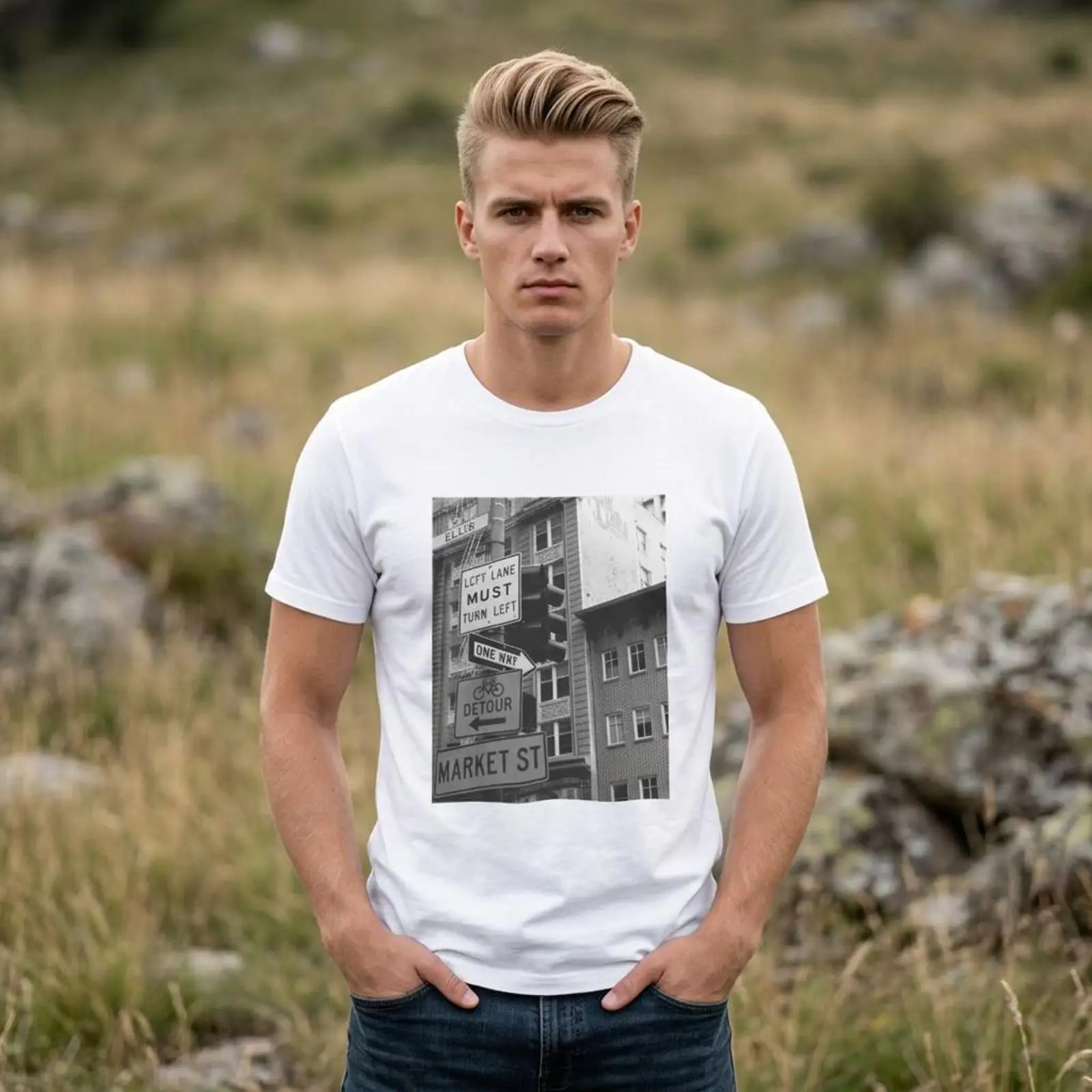 マーケットストリートの街標写真Tシャツ ヴィンテージ ブラッ - Urban Street Fashion Photography のレビューと価格
