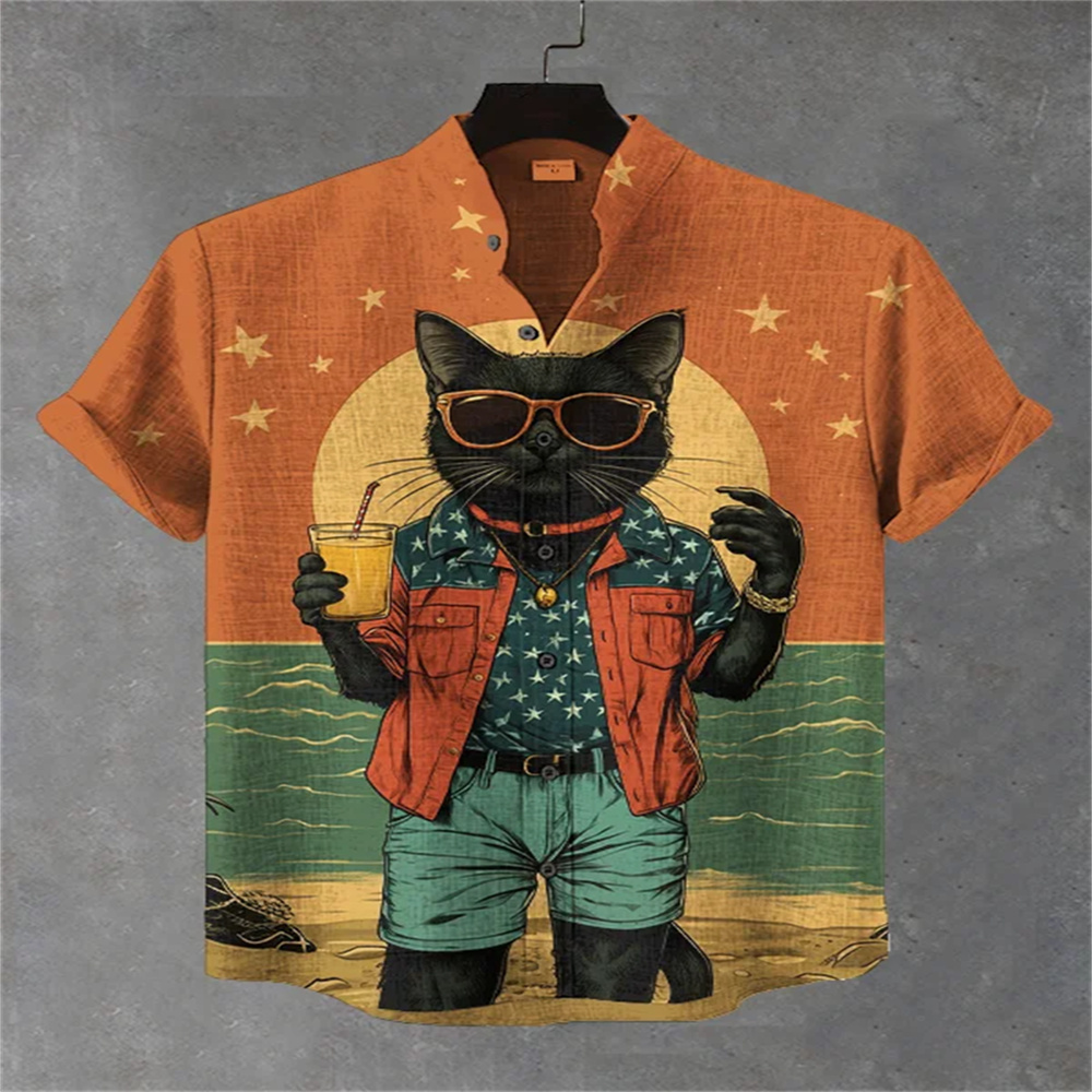 メンズストリートスタイル半袖シャツ、個性的な黒猫とサメ柄のカ - Quirky Street Fashion のレビューと価格