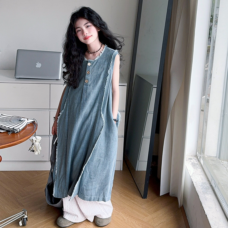 ルーズスタイル子供高級夏のデニムドレス十代の少女のためのハイ - Street Fashion Outfit のレビューと価格