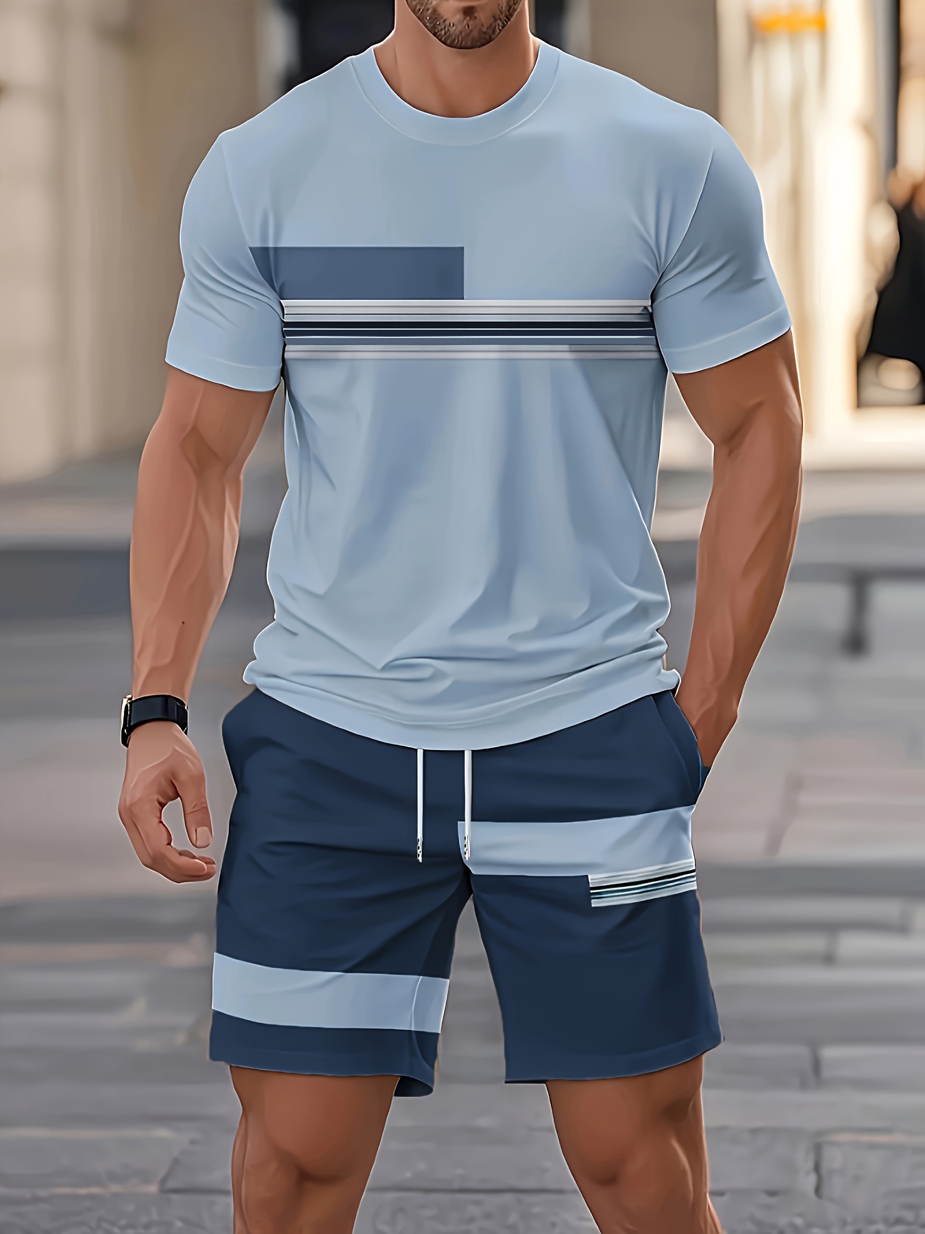 夏のメンズセットカジュアル O ネック半袖トップス + ショ - Street Fashion Outfit のレビューと価格
